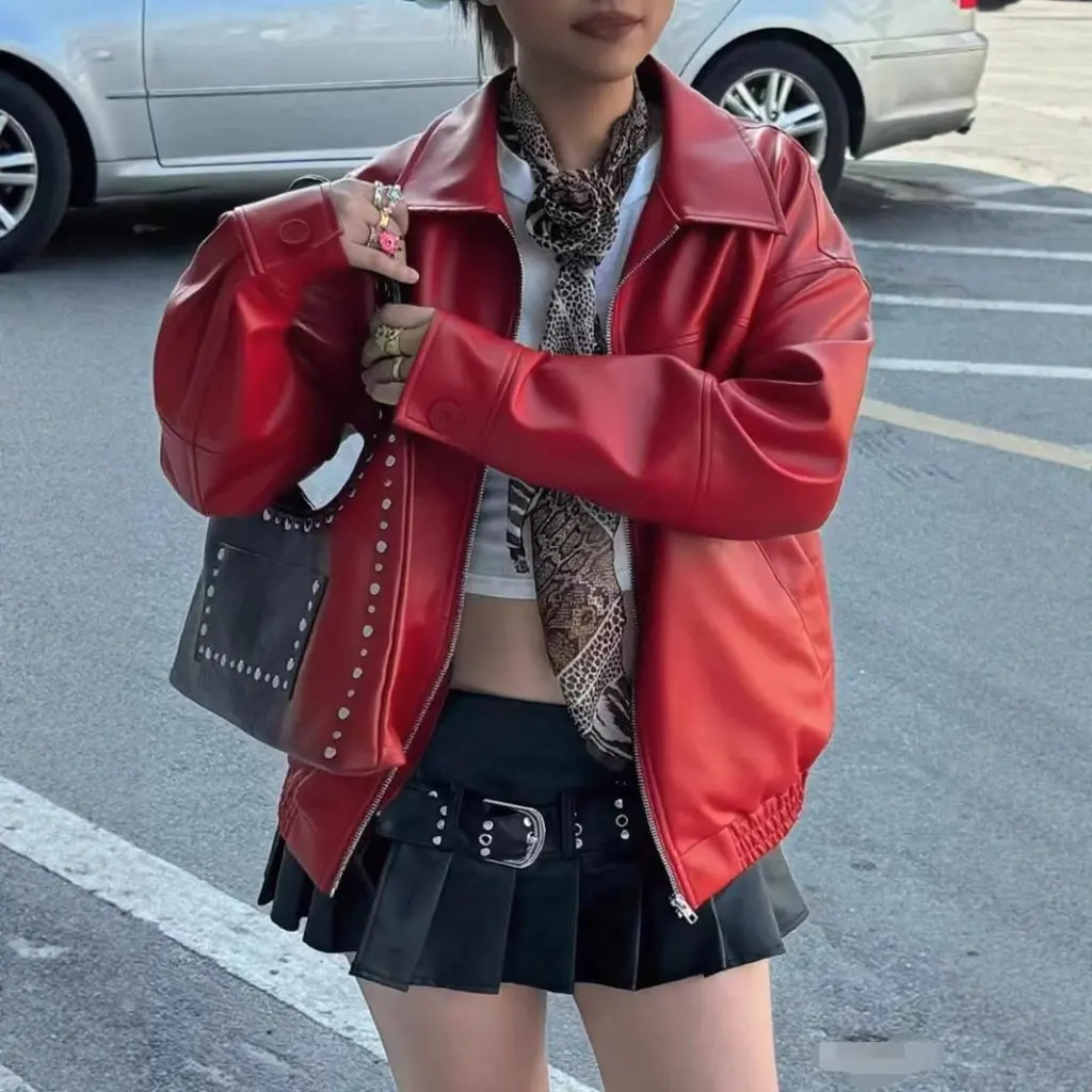 Ladies' Motorcycle Biker Jacket Large Size Red Vintage American Style Quality Leather Coat Regular Fit Women's Outerwear