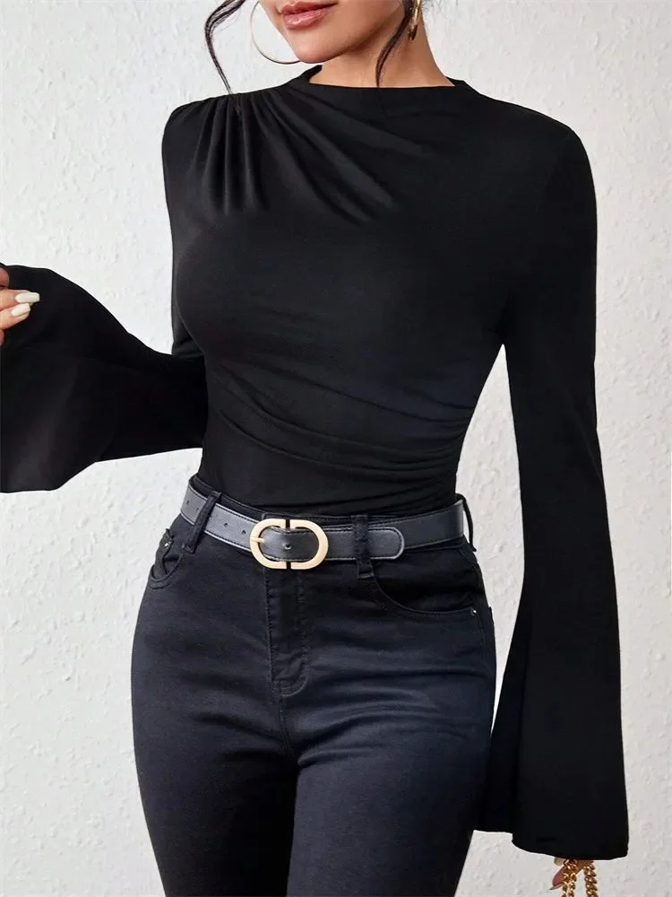 Women Flare Long Sleeve Pleated Mock Neck Blouse Top Autumn Winter Solid Color Ruched Tee Shirt streetwear