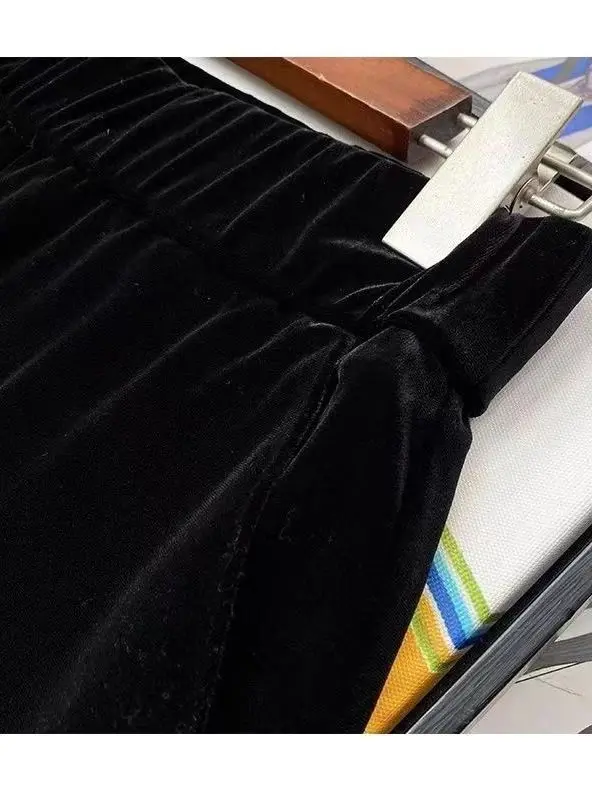 플러스 사이즈 여성용 하이웨이스트 벨벳 와이드 레그 팬츠 루즈핏 밴딩 캐주얼 바지 슬리밍 트렌디 플러스 사이즈 패션