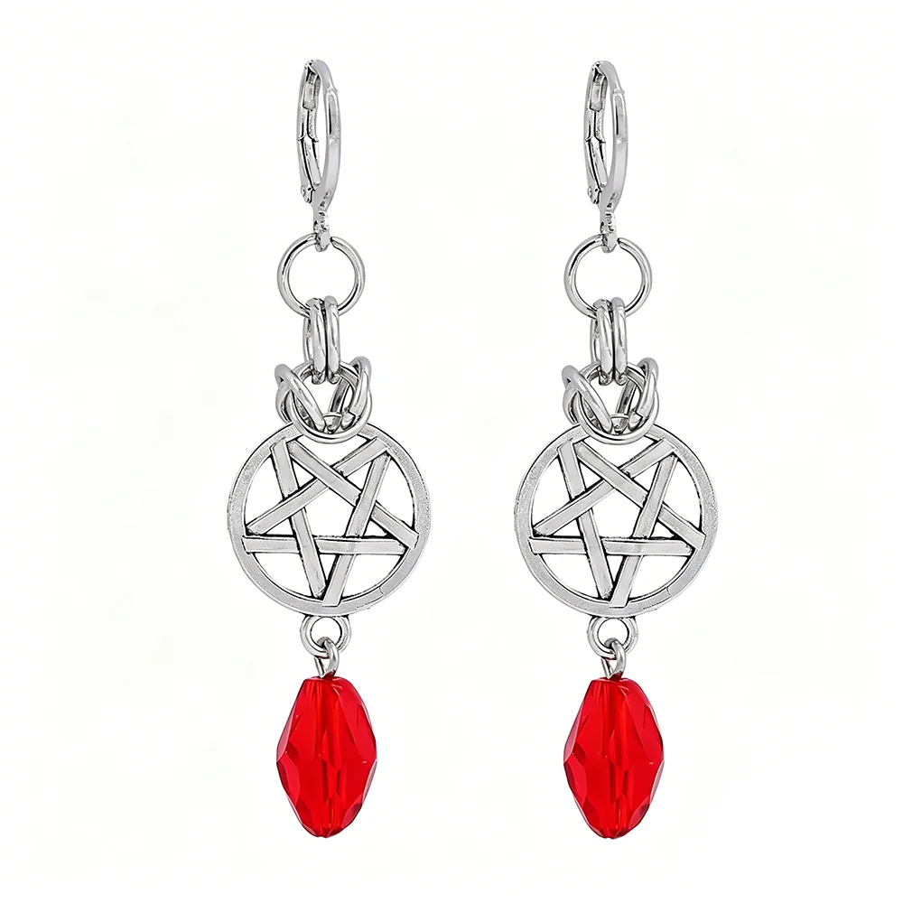 Pendientes Colgantes de Cristal Rojo con Pentagrama de Estilo Gótico Personalizado, Encantadores Regalos para Mujeres en Fiestas de Halloween