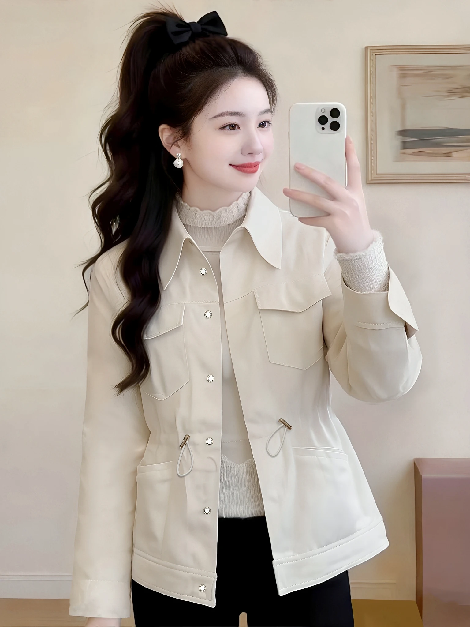 

Женское модное корейское пальто на весну-осень, новое, с завязками на талии, воротником, длинными рукавами, ветрозащитное, для стройности фигуры