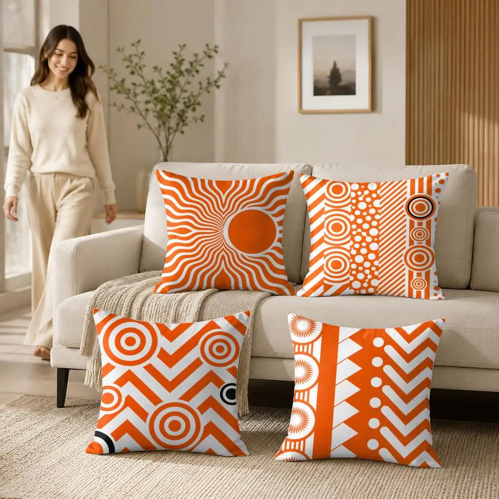 Orange Modern Geometric Cushion Cover Soft Short Plush Pillow Case Double Sided Print Washable Sofa Home Decor Gift