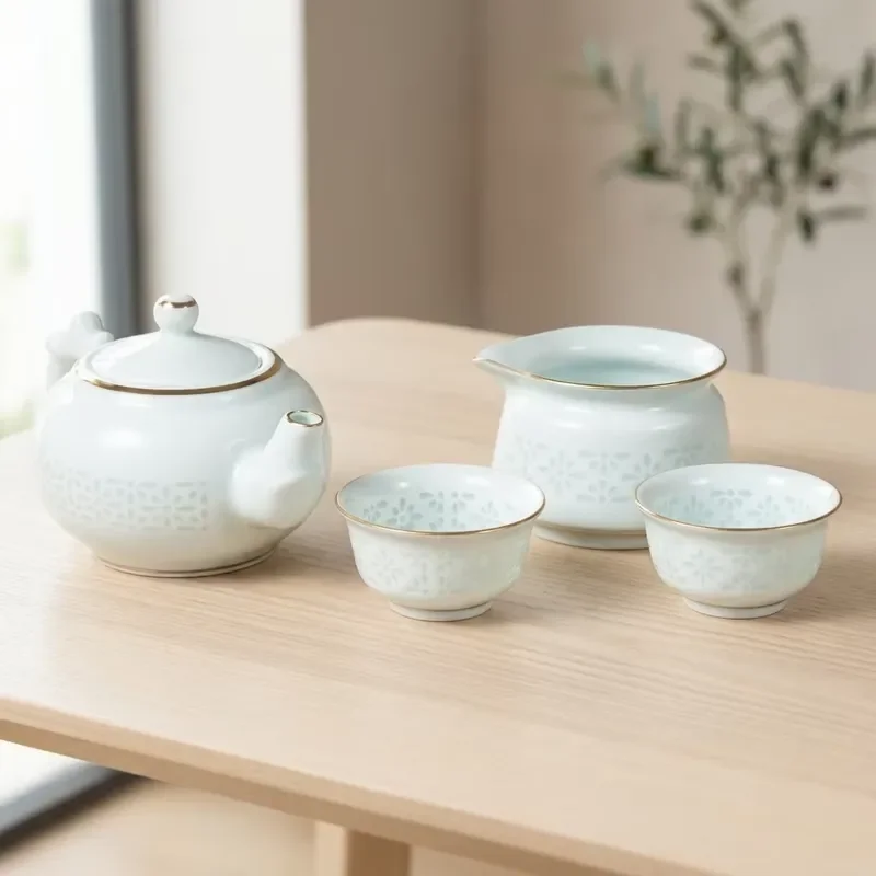 8 Piece Red Leaf Ceramic Tea Set Traditional Chinese Porcelain Gold Pattern Handmade Eco Friendly Durable Food Grade Teaware