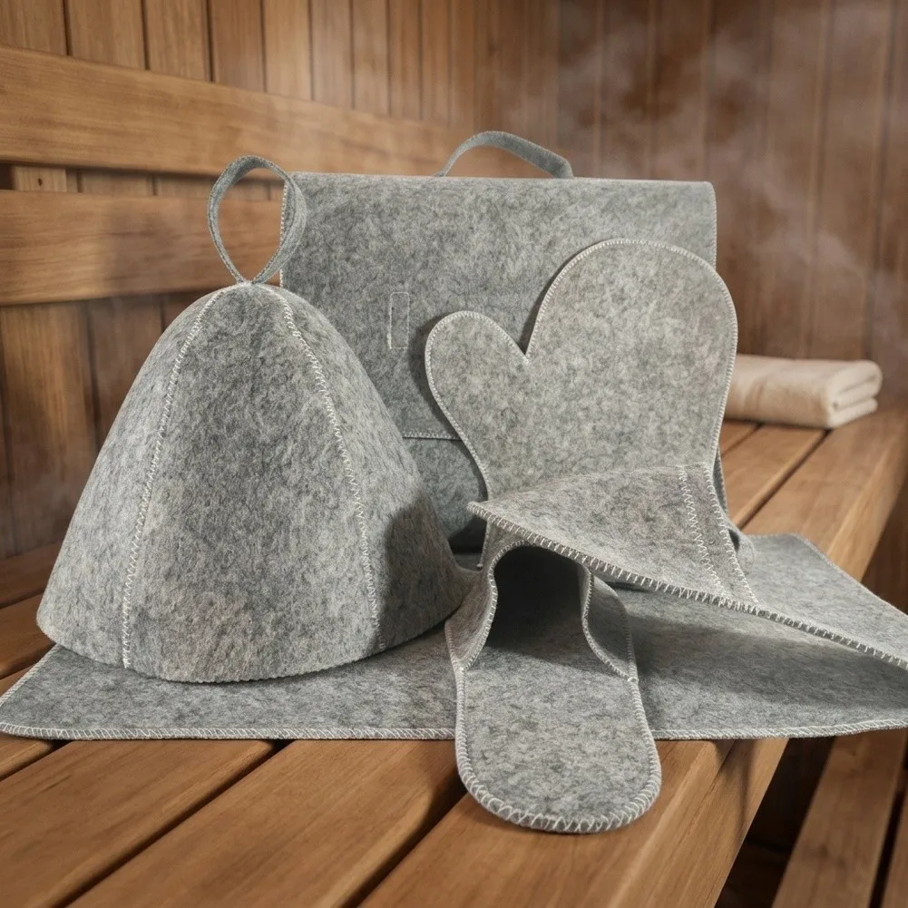 5pcs Sauna Hat Set For-Cushion Felt Slippers Glove Bag Heat-insulating Moisture Absorbent Sauna Hat Household Storage Hat Kit