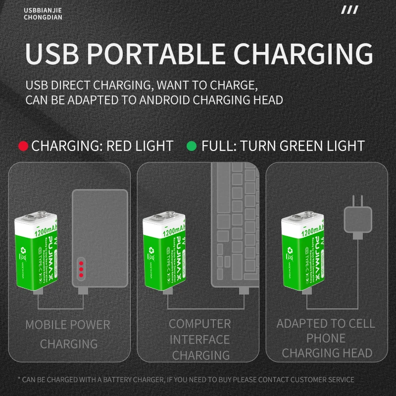 PUJIMAX 9V 1200mAh Li-ion Rechargeable Battery Micro USB Batteries 9 V Lithium for Multimeter Microphone Toy Remote Control KTV