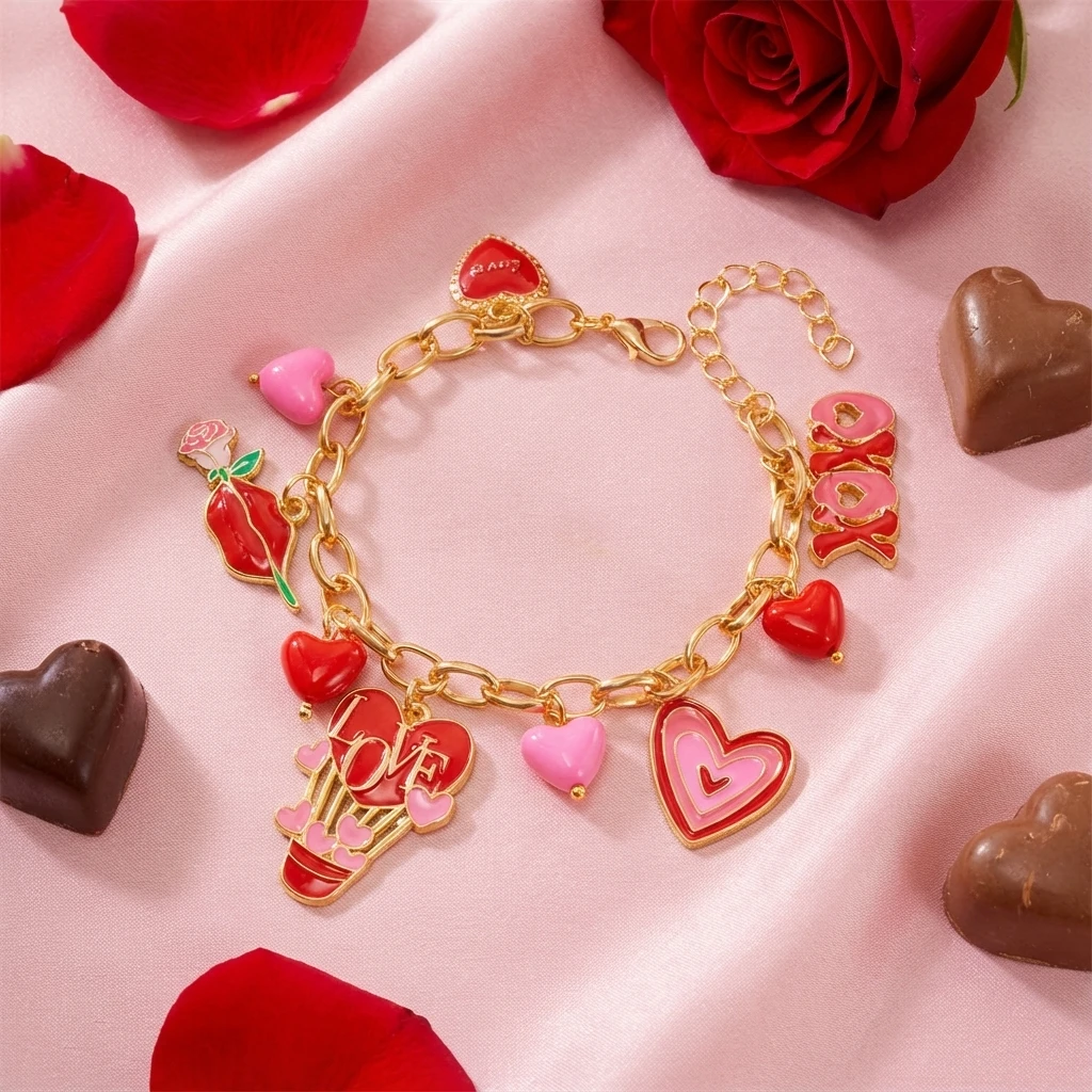 Romantisches Valentinstagsgeschenk XOXO Liebe Herz Anhänger Charm Armband für Frauen Gold Farbe Emaille Rose Blume Handgelenk Kette Party Schmuck – Detail 5