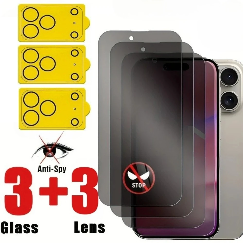 

Антишпионское закаленное стекло 6-в-1 для iPhone 17 16 15 Pro Max 16e 14 15 Plus Стекло для объектива камеры для iPhone 14 11 13 Pro 13 12 Mini