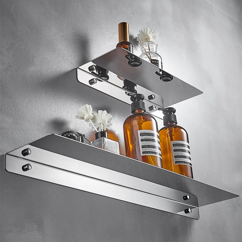Black / Chrome Bathroom Shelf Kitchen Storage Rack Thicken Stainless Steel Corner Shelves Towel Rack Shampoo Holder