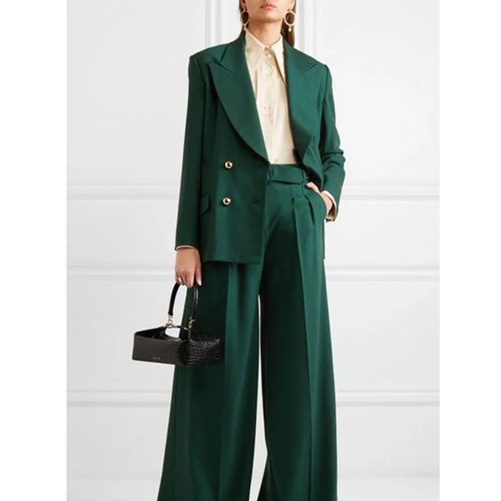 Elegant Green Women's Two Pieces Blazers Sets Loose Double Breasted Jacket Pants Female Clothing Office Banquet Lady's Suits