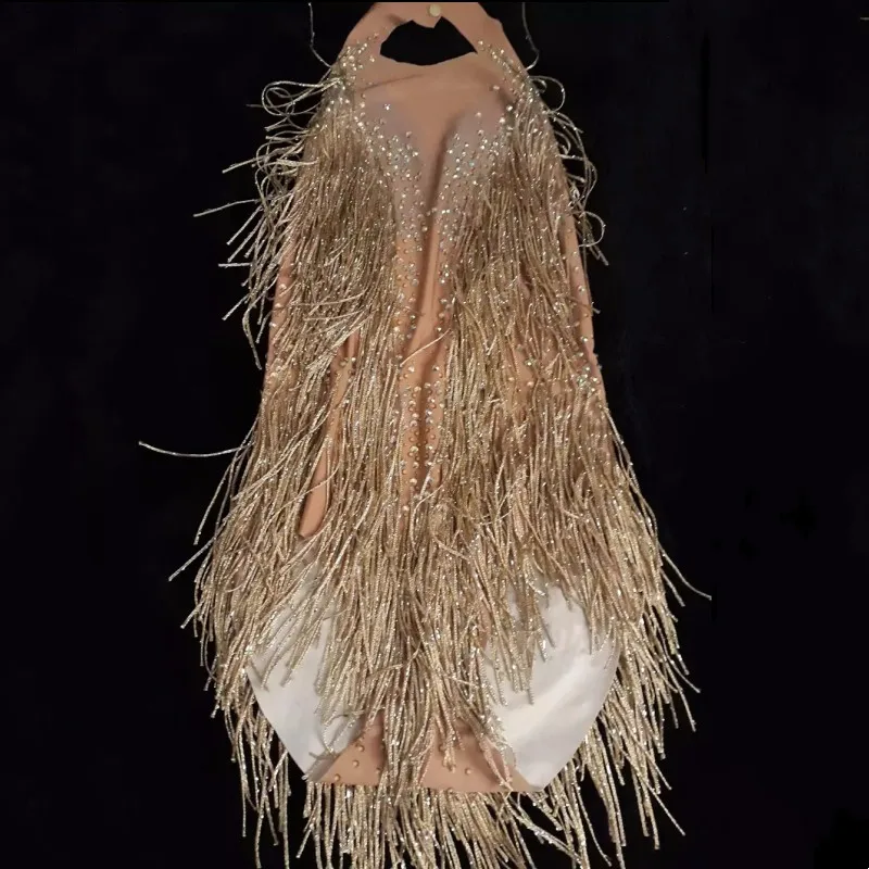 เซ็กซี่ทองพู่คริสตัลBackless LeotardสําหรับหญิงละตินPoleเต้นรํายิมนาสติกAcrobatics Stageเครื่องแต่งกาย