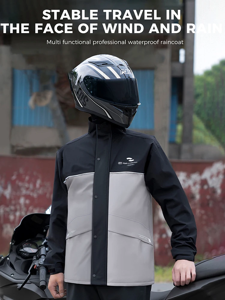 

[Ветрозащитное водонепроницаемое снаряжение] Мужское мотоциклетное дождевик — включает в себя куртку, брюки и бахилы черного и серого цвета с зеленым цветом.