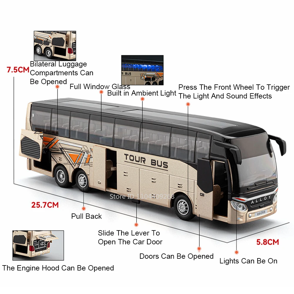 1:30 مقياس جولة حافلة لعبة مجسمة سيارة الصوت ضوء الأبواب فتح سبيكة دييكاست نماذج مركبات الأعمال المصغرة للأطفال الهدايا