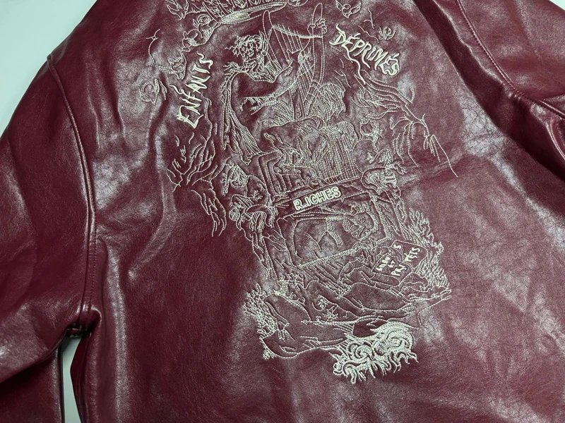 2026ss Embroidered Printed Leather Jacket High-quality Burgundy Loose Casual High Street Men's Women's Jackets - view 5