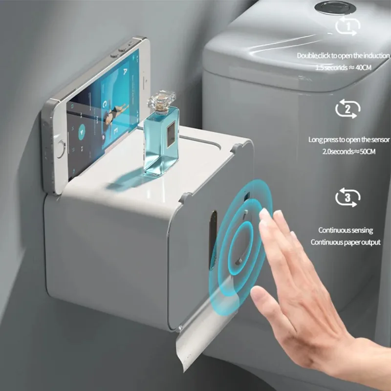 Automatic Toilet Paper Dispenser Wall-Mounted Smart Toilet Paper Holder Punch-Free BathroomTissue Box Bathroom Accessories