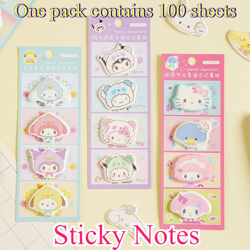 100pcs/lot Hello Kitty Kuromi Melody Cinnamoroll Memo Pad Stationery Label Notepad Bookmark Post Student School Supplies Gift
