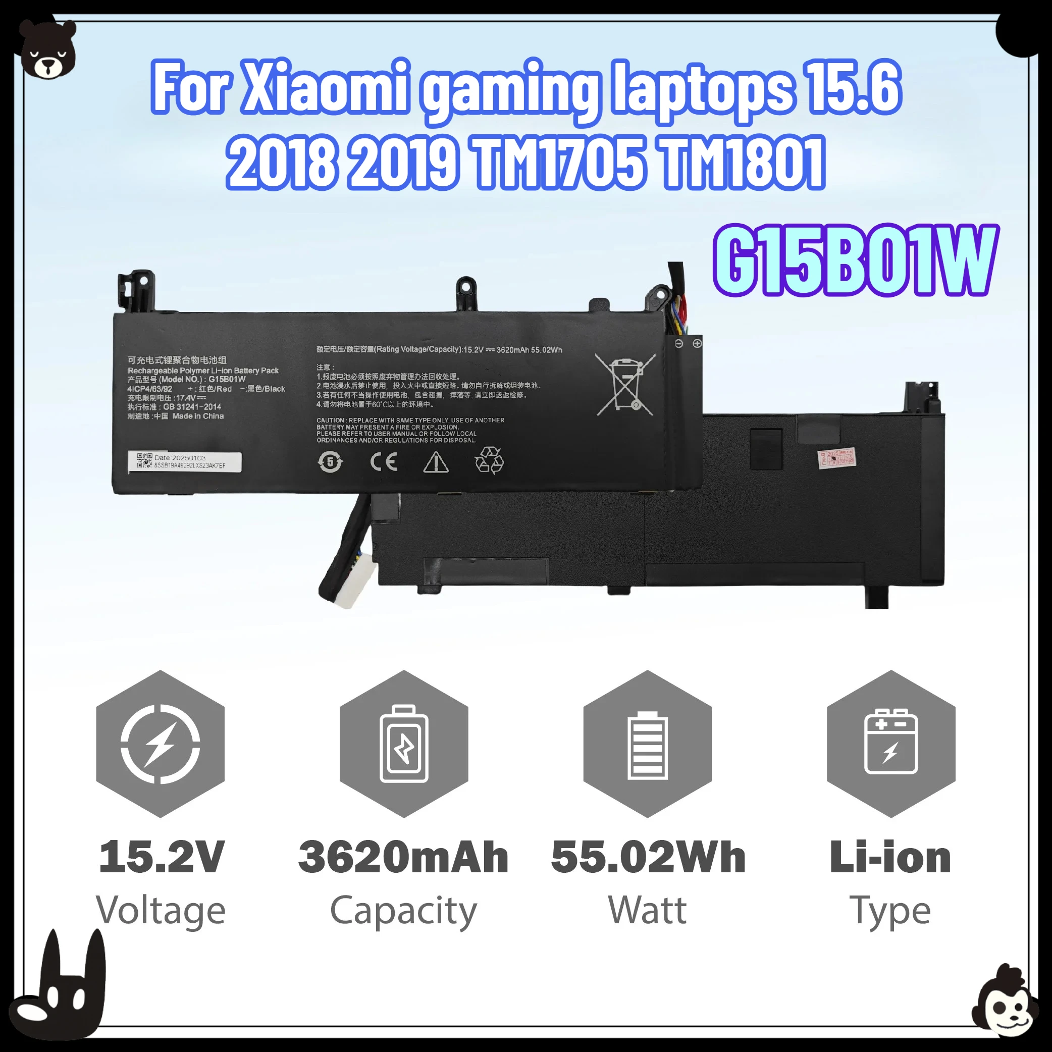 Baterai G15B01W untuk Xiaomi Gaming 15.6 ''7300HQ GTX1050 GTX1060 1050Ti TM1705 TM180 1060 171502-A1 Seri G15BO1W 2018 2019