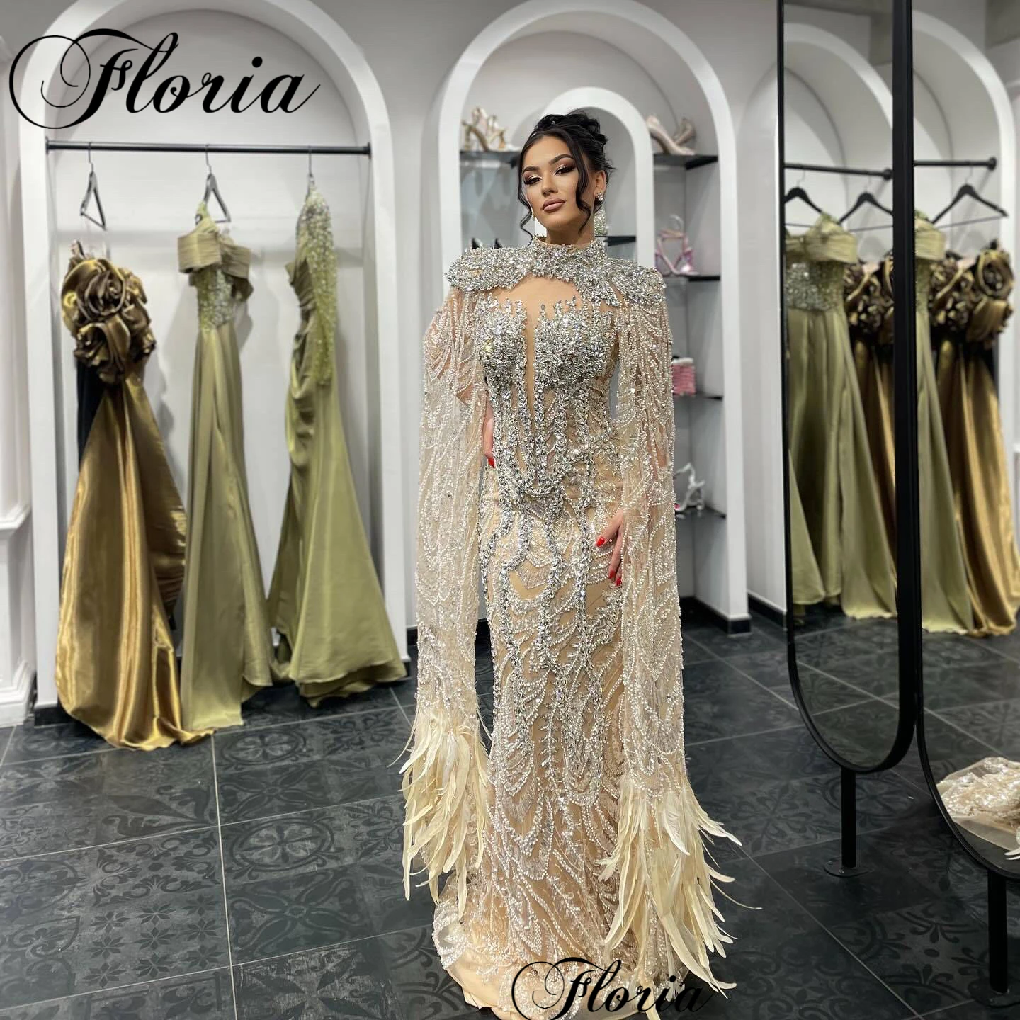 Luxury Champagne Evening Dresses With Crystals Long Sleeves Mermaid Celebrity Dresses For Women 2025 Robes De Soirée Customized