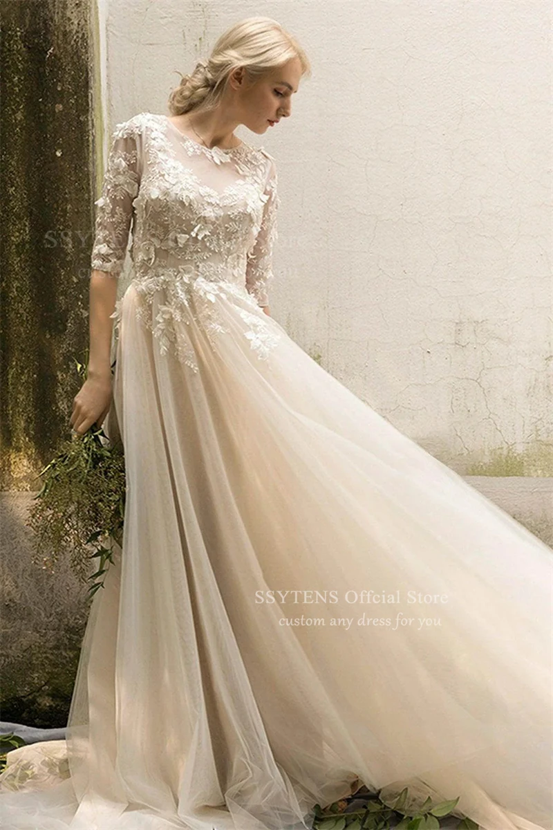 SSYTENS Vintage Ivory Wedding Dresses For Woman Bride Long Appliques Tulle Bridal Gowns Robe De Mariée Personalized Customized