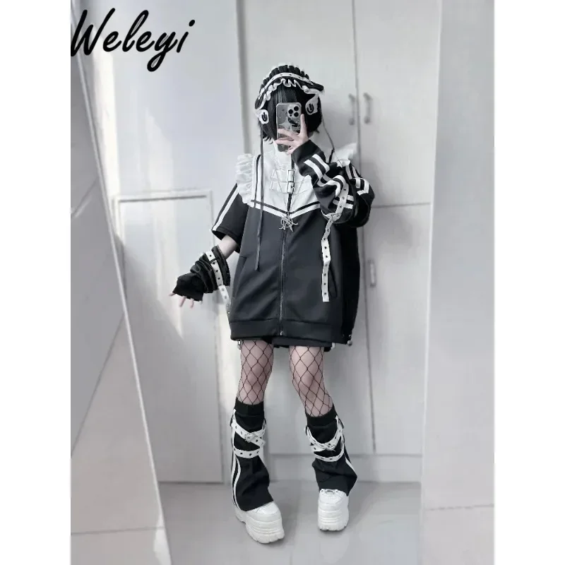 Jirai Kei Y2K Two Piece Japanese Woman 2024 Sweet Subculture Mine Mass Produced Long Gray Black White Removable Sleeve Coat Set