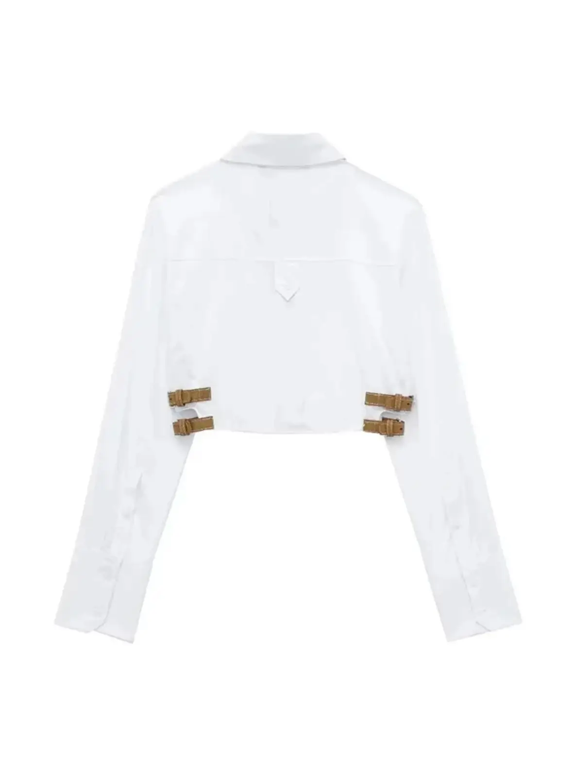 XNWMNZ 2024 Women Lapel Cropped Shirt Casual Long Sleeve Pocket Belt White Short Blouse Female Simple High Street Tops