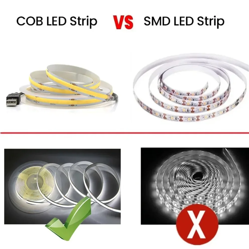 Tira de luces LED COB USB, 5V, CC, 320Leds/M, Rojo/Rosa/Blanco/azul hielo/amarillo, lámpara de luz de armario, tira de luces LED Flexible de