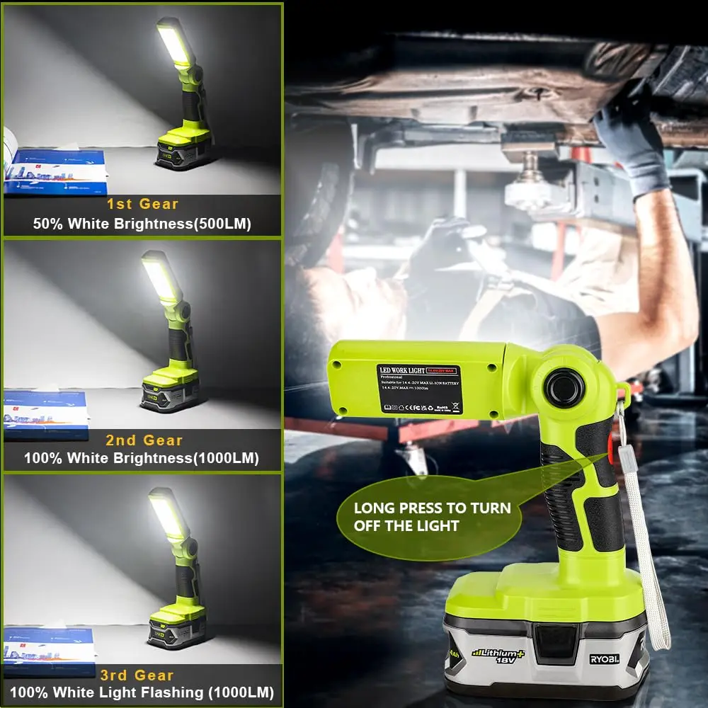 

LED Work Light For Ryobi 18V Battery 12W 1000LM Protable Flashlight With Low Voltage Protection 270° Rotating Wide-Angle Light