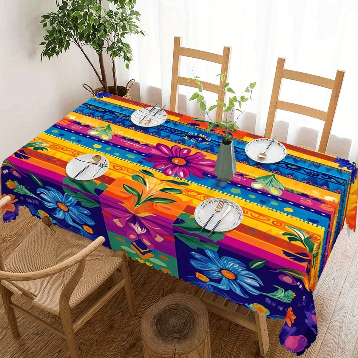 Tropical Bright Color Block Floral Ethnic Art Tablecloth Impermeable Wipeable Cover For Family Dinner Kitchen Multi Scene Table