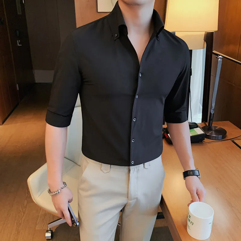 Summer new V-neckline handsome mid-sleeve shirt, high-end quality men's five-sleeve slim shirt