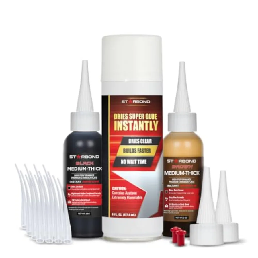 

Knot Filler System 2 oz Black and 2 oz Brown Medium-Thick CA Glue with 6 oz Accelerator Spray Instant Crack and Void Repair for