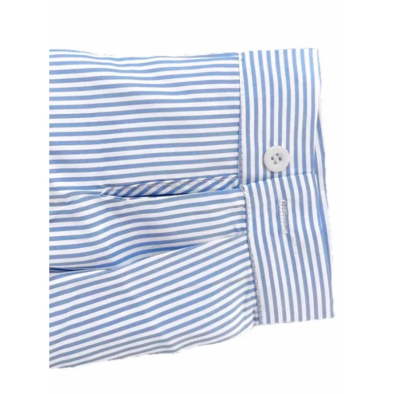 Camisa estampada a rayas para mujer, camisa informal cómoda y versátil con bolsillo y lazo, talla grande 1XL-5XL