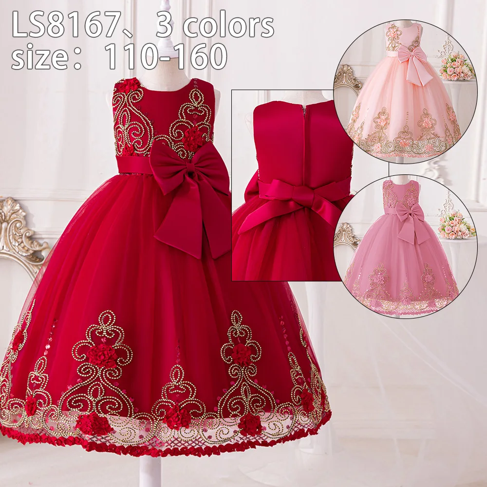 ELBCOS 4-8Y Girls Crew Neck No-Sleeves Solid Bow Waistband Straight Costumes Princess Party Embroidery Appliques Ball Gown Dress