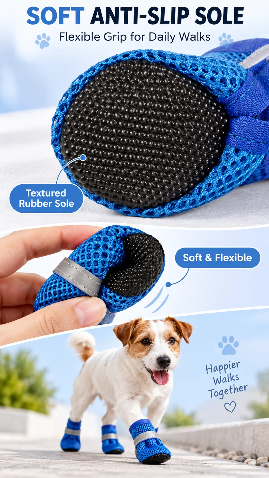 4 Stück Hundeschuhe, atmungsaktives Mesh-Material, rutschfeste, weiche Sohle, Haustierstiefel, reflektierende, verstellbare Pfotenschoner für kleine und mittelgroße Hunde. – Detail 3