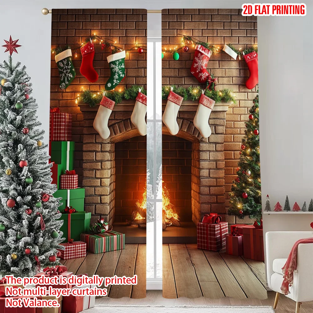 

2pcs 2D flat printing Christmas Window Curtains Vintage Christmas fireplace 100% Polyester Without Electricity Family Party for