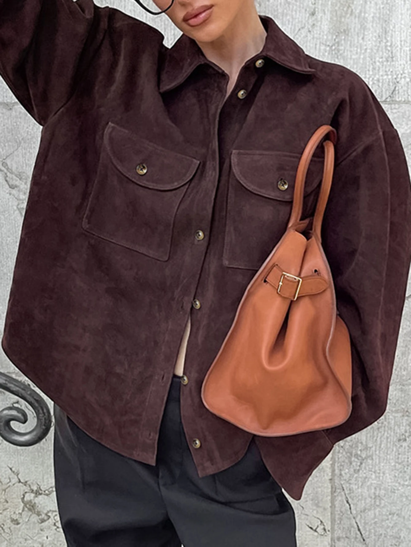 معطف نسائي كاجوال من الجلد، ملابس خارجية عصرية للشارع بدون نمط تزيين أنيق #4