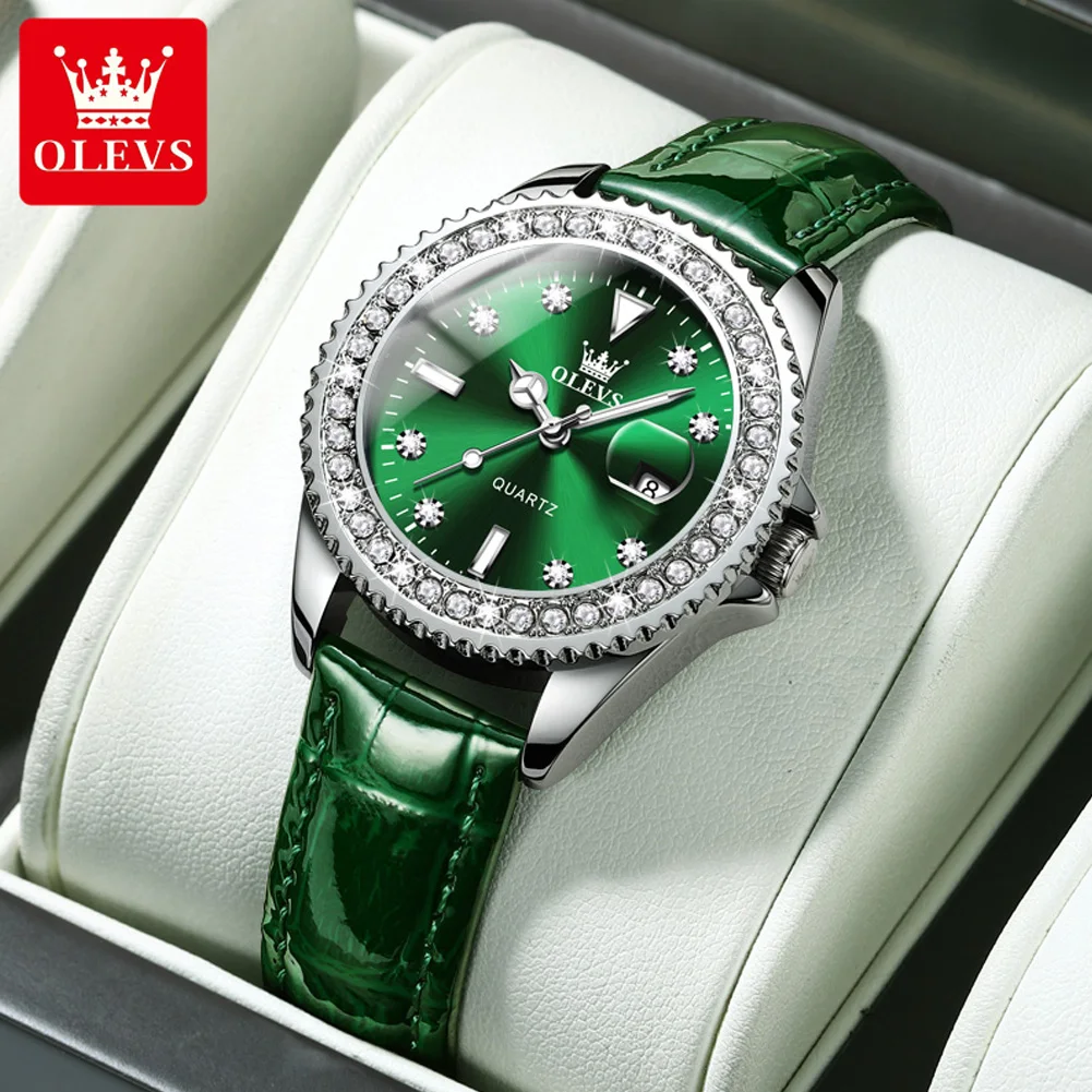 

OLEVS Brand New Fashion Green Quartz Watch for Women Leather Waterproof Calendar Luxury Diamond Watches Womens Relogio Feminino