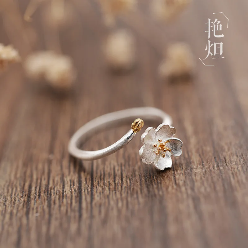 New Fashion Popular Flower 925 Sterling Silver Jewelry Art Fresh Cherry Blossom Personality Opening Rings    R167