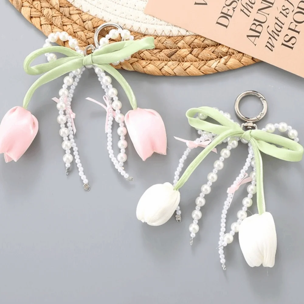 New Ribbon Pearl Tulip Ribbon Keychain DIY Jewelry Style Mobile Phone Pendant Tulip Key Chains Car Keyring