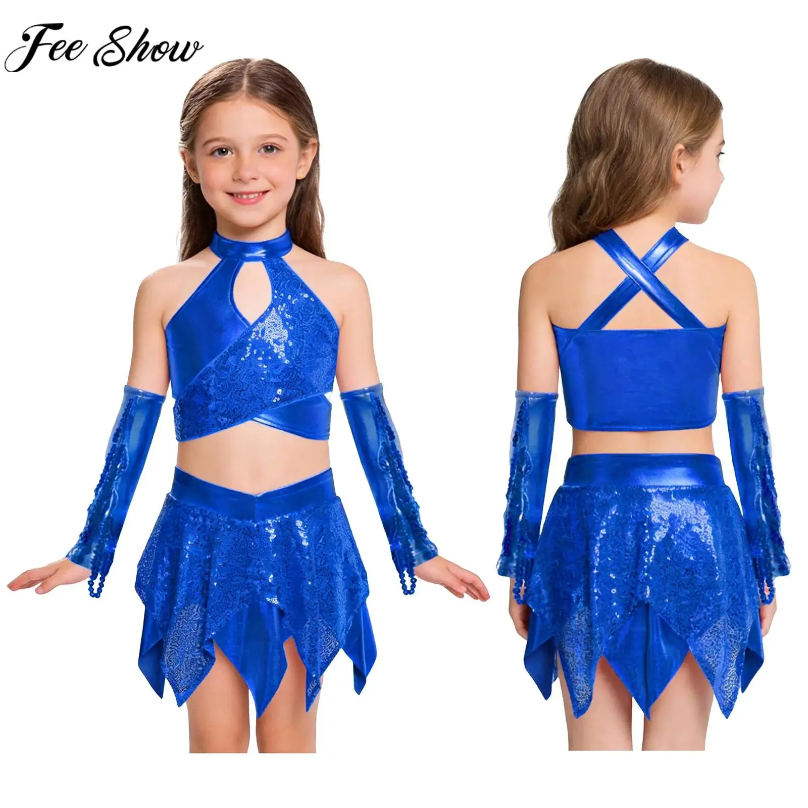 

Kids Girls Hip Hop Jazz Dance Outfit Sleeveless Sequins Metallic Crop Top with Culottes Tassels Sleeves for Cheerleading Latin