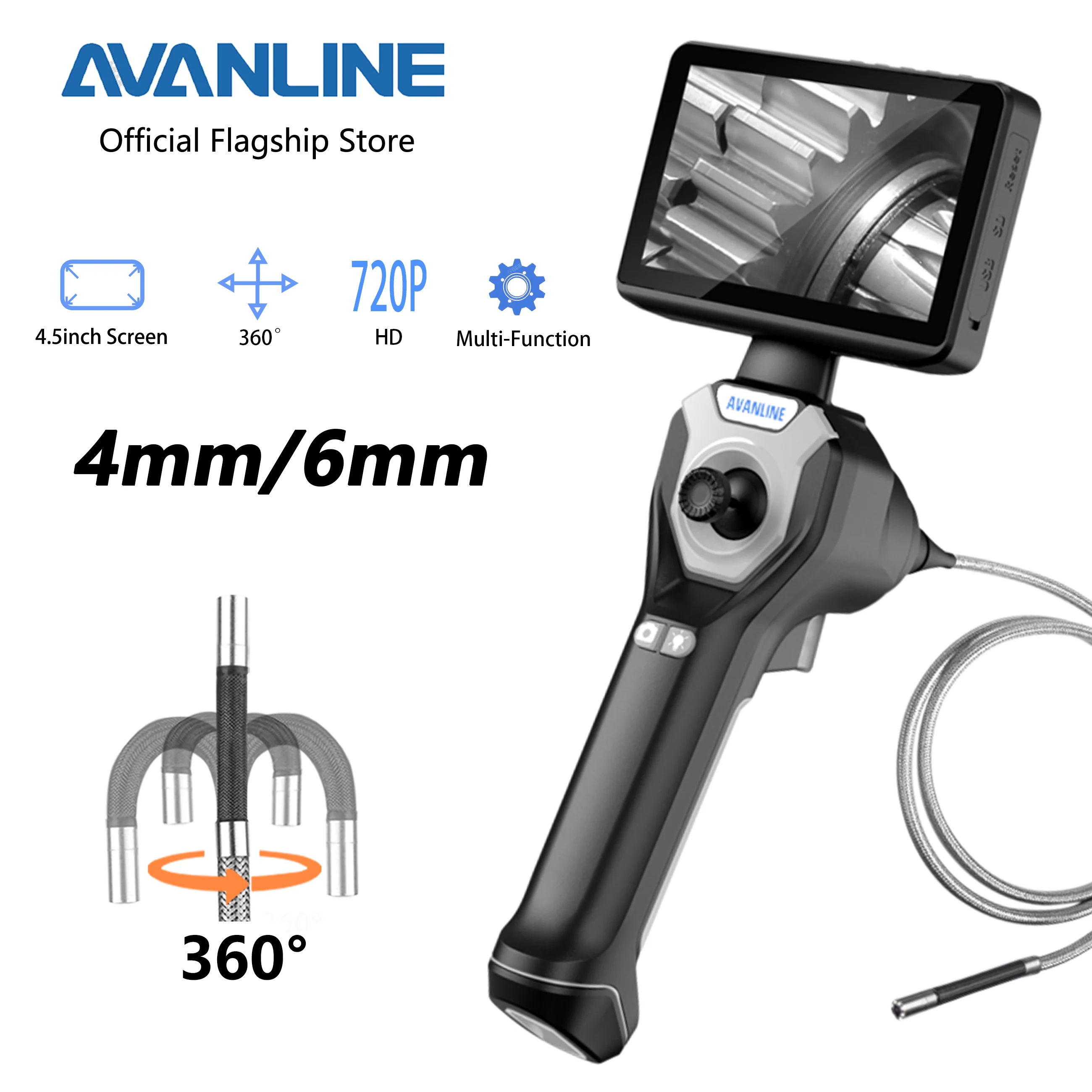 AVANLINE 4mm 360° Articulating Borescope 4.5inch Industrial Endoscope 720p 8Leds Multifunctiona 4/6mm 1M