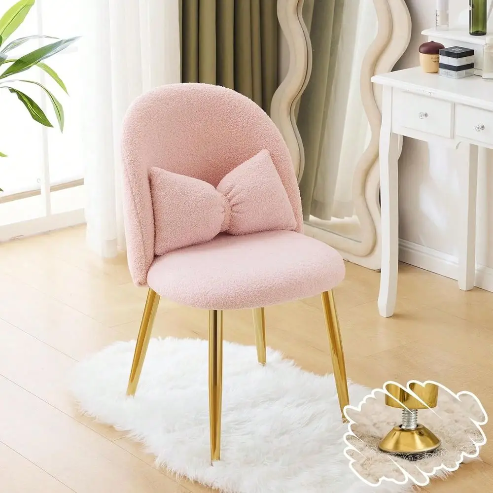 

Girls Vanity Chair With Back Pillow,Cute Small Cozy Desk Chair No Wheels,Comfy Makeup Ch With Ajustable Gold Legs,For Bedroom,L
