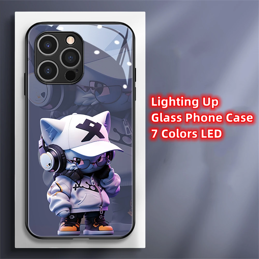 2026 Trend Cat Cartoon Design Smart LED Light Glow Tempered Glass Phone Case For iPhone Air 17 16 15 14 13 12 11 Pro Max Plus view 6