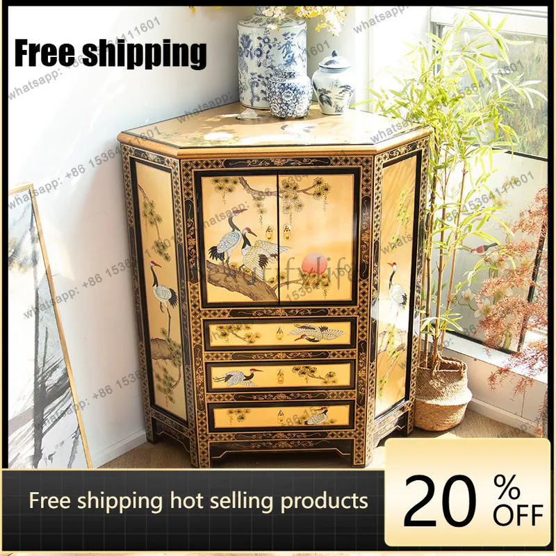 

LD25 new Chinese living room decorative cabinet hand-painted gold foil flower stand storage cabinet