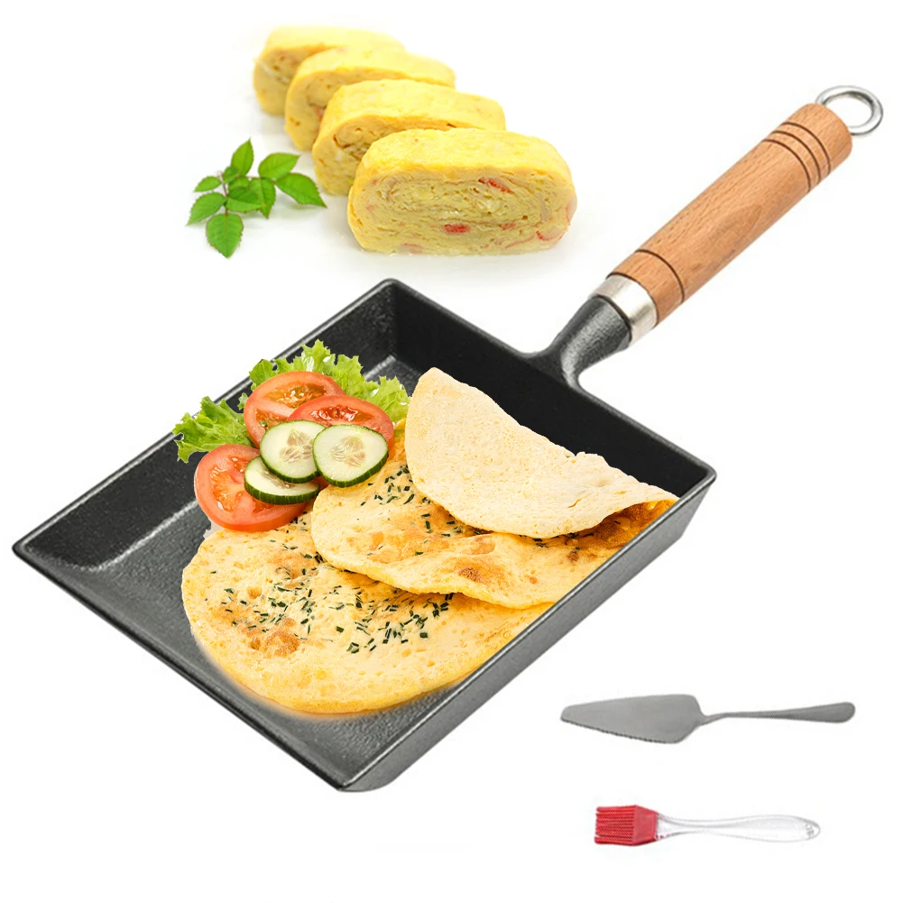 

Жаровня для яиц с деревянной ручкой, квадратная, не обжигающая кожу, японская сковорода для омлета с кисточкой для масла и лопаткой для кемпинга и пикника