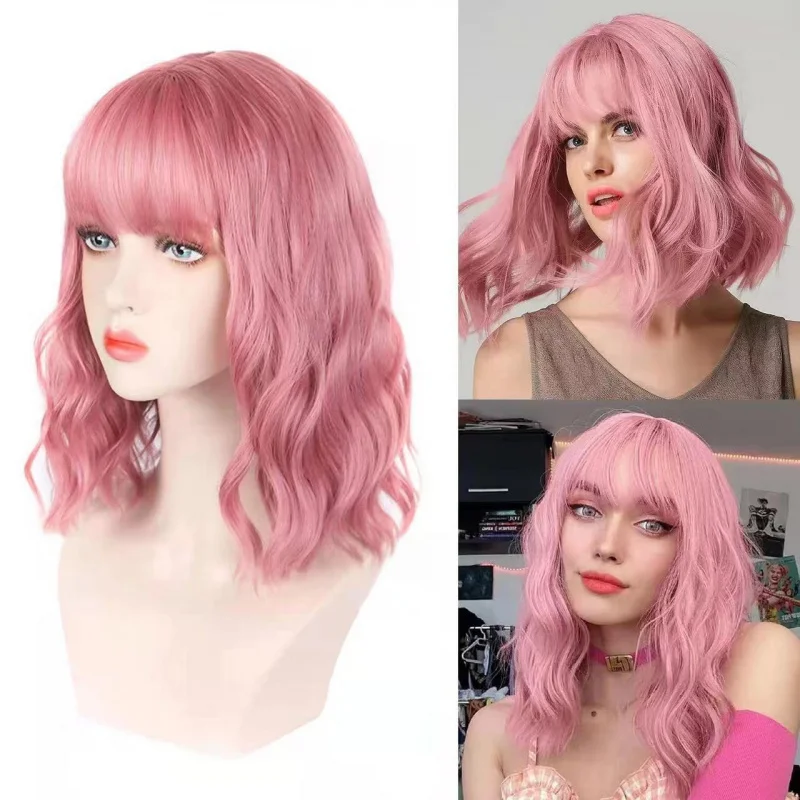 新しいヨーロッパとアメリカのスタイルの女性用ショートカーリーウェーブヘアウィッグ、エアバング付き、高温合成繊維製