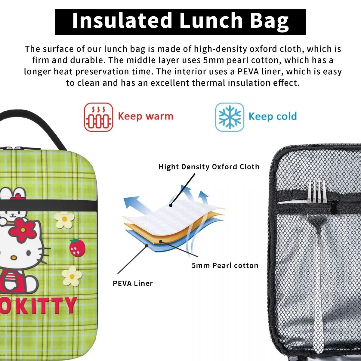 헬로 키티 카와이 귀여운 고양이 액세서리 피크닉 식품 상자 용 절연 점심 가방 누출 방지 쿨러 열 도시락 상자