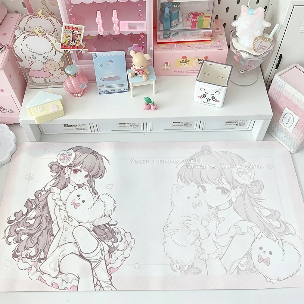 Leather Desk Pad Protector Pink Japanese Anime Girl Y2K Kawaii Sweet Kitten Mouse Pad Office Desk Mat PU Desk Blotter Pad