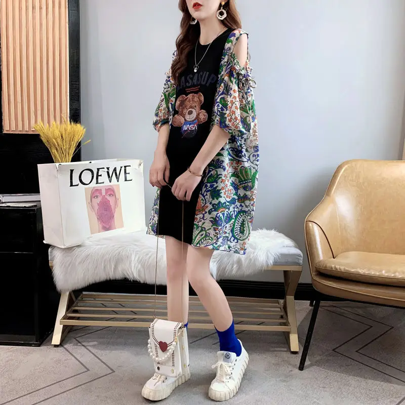 

Summer New Printing Off Shoulder Top T Shirt Round Neck Short Sleeve Loose Plus Size Pullovers Casual Fashion Women Clothing