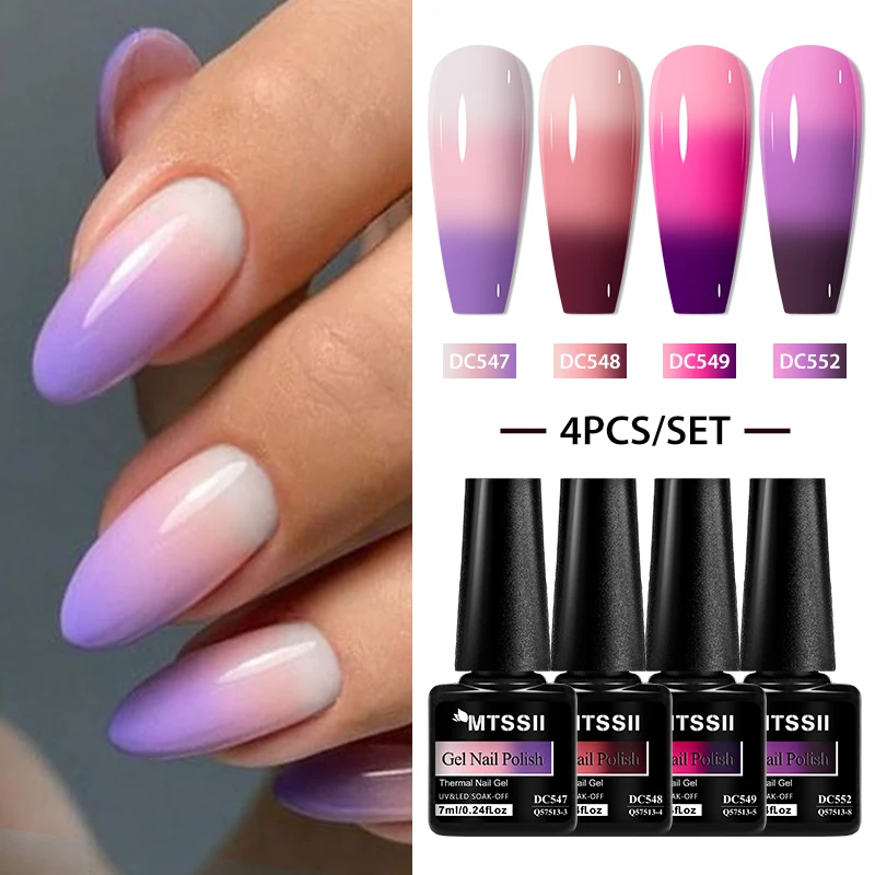 Mtssii 7ML 4PCS Thermal Gel Nail Polish Set Winter Pink Purple Color Changing Semi Permanent Soak Off Manicure kit Nail Art Gel