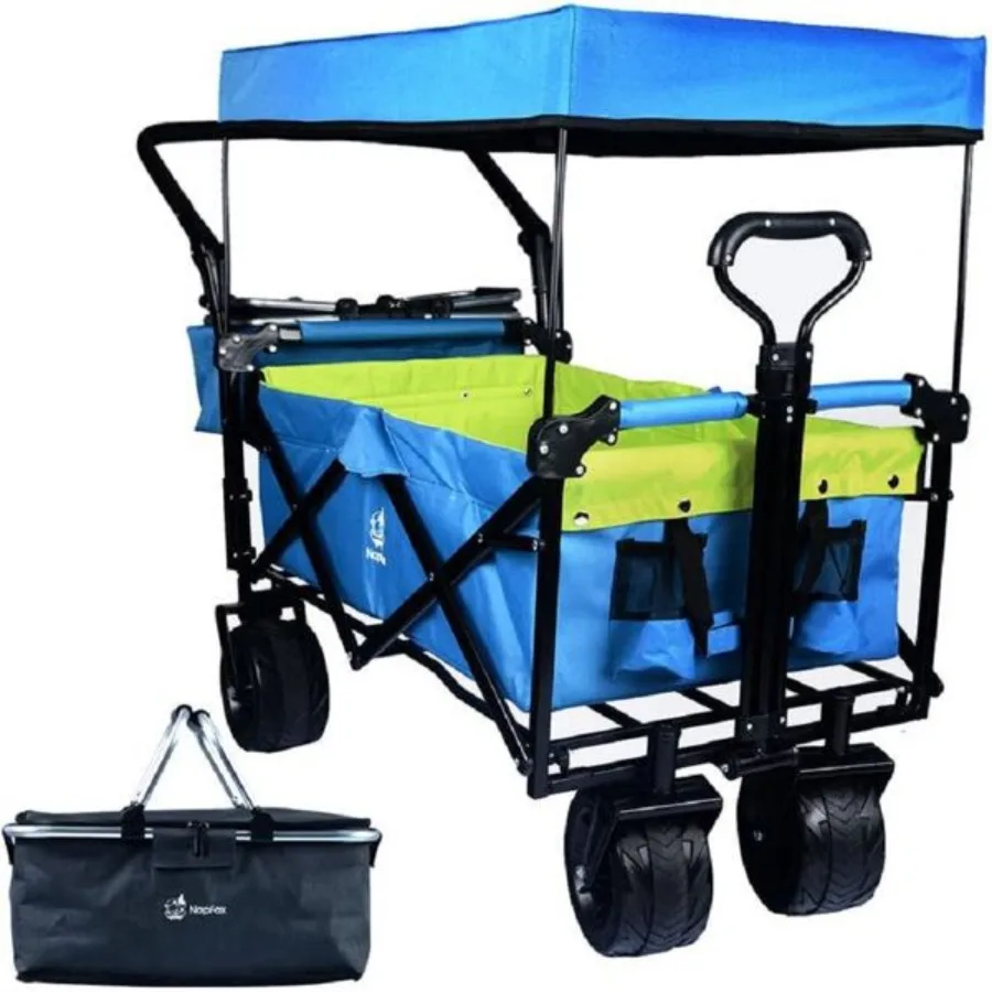 

Collapsible Wagon Heavy Duty Folding Wagon Cart with Removable Canopy 4 Wide Large All Terrain Wheels Brake Adjustable Handles