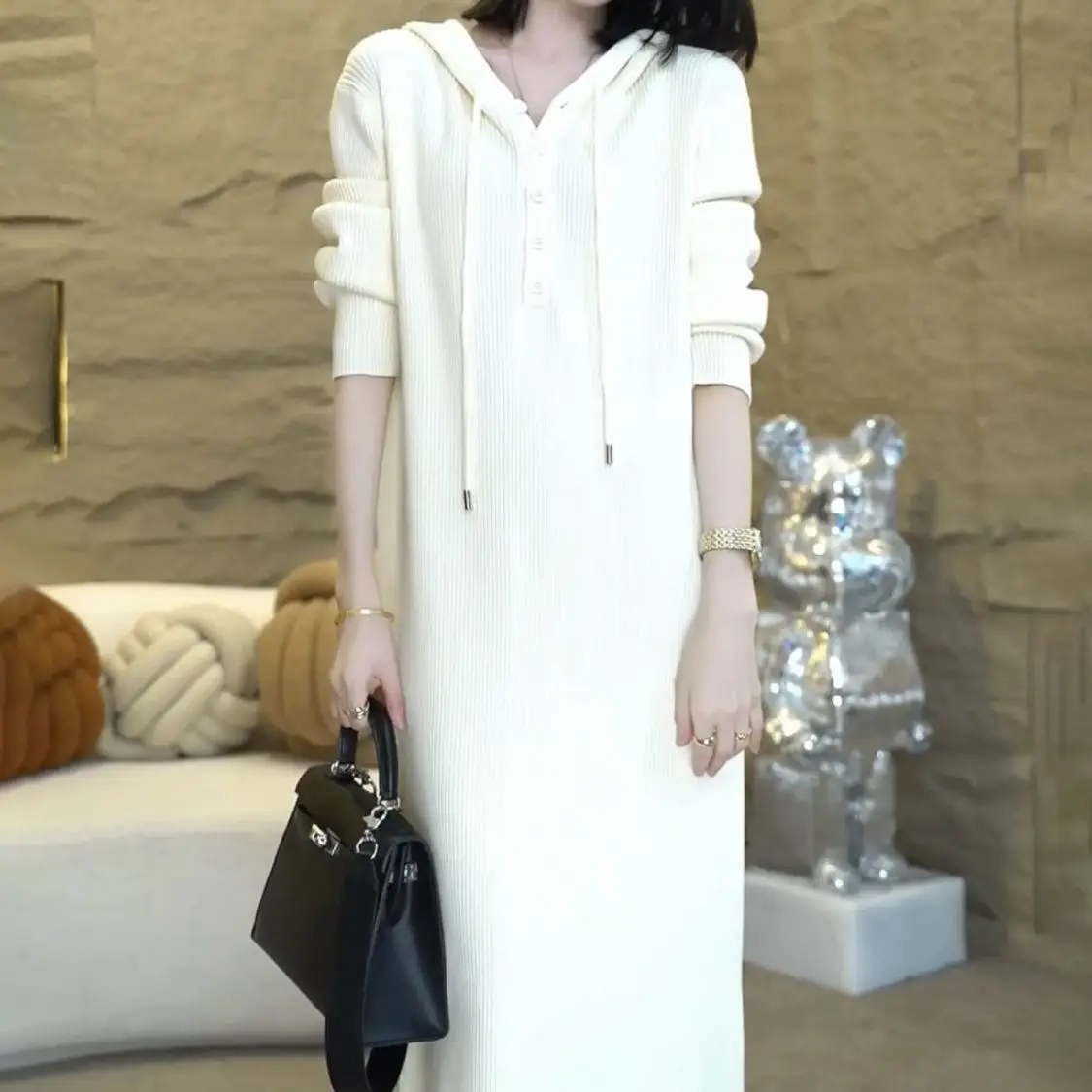 

Женская одежда, осенне-зимний однотонный свитер с капюшоном и длинными рукавами, вязаный пуловер, платье на пуговицах, корейские универсальные топы